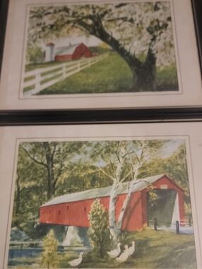 Red Covered Bridge And Barn  Wall Art - Pair